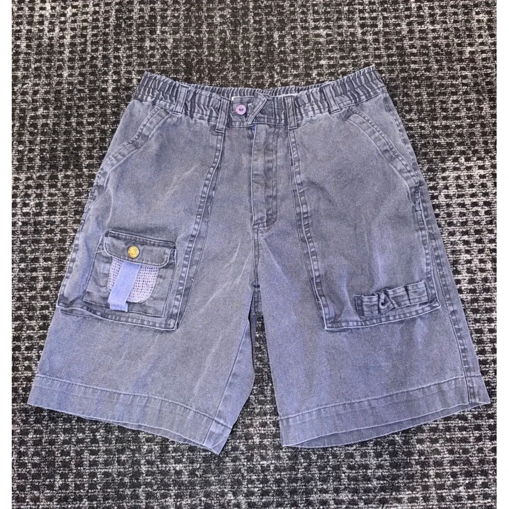 Bugle Boy Vintage 90s Cargo Shorts Sz 29 Blue Ramie Cotton Elastic Waist Utility